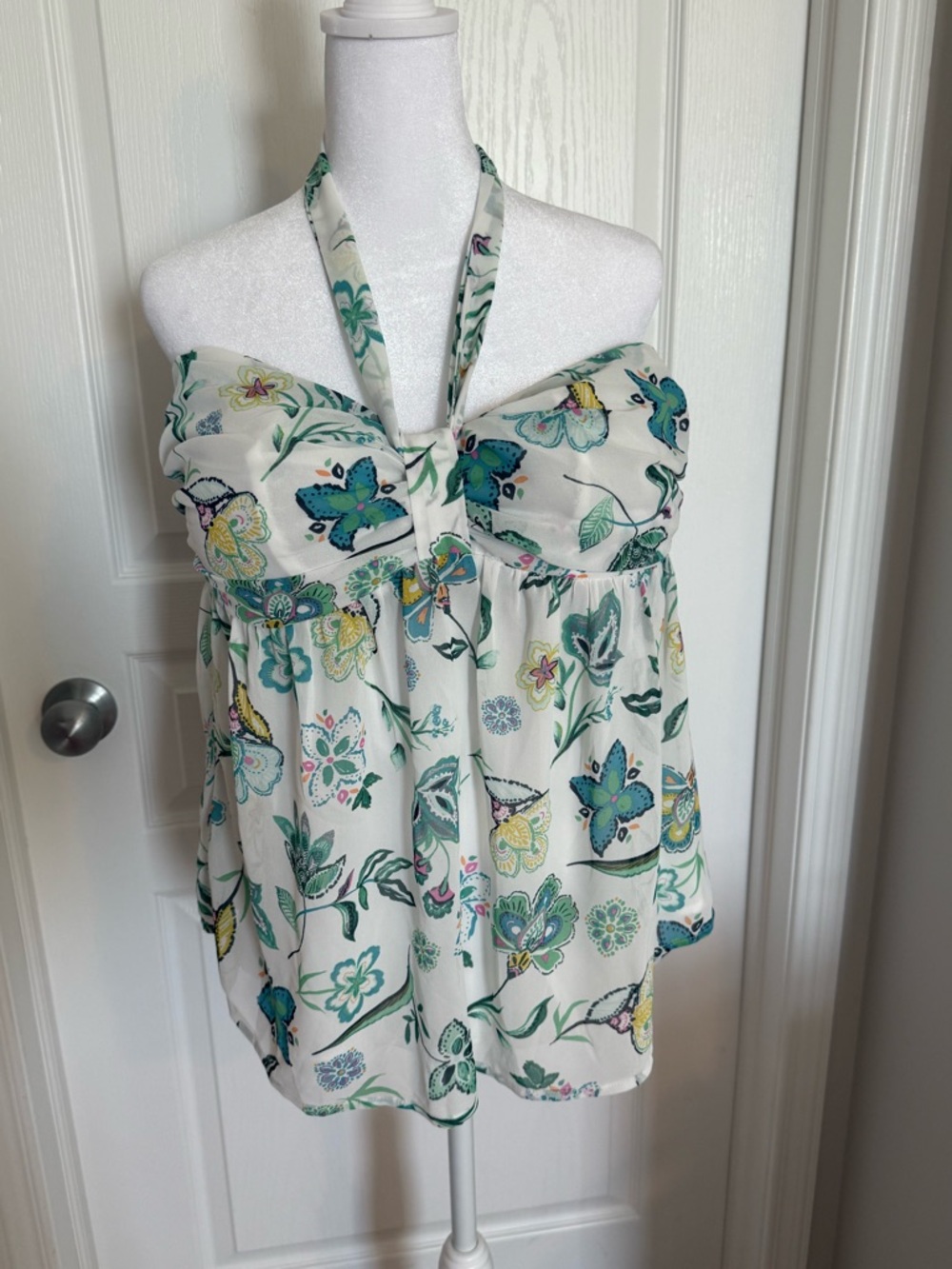 Addition Elle Floral Halter Tank Top - White, Green, Teal